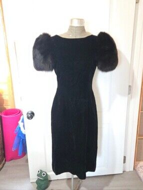 Vintage 1980s Victor Costa Black Velvet Dress with Mink Puff Sleeves, Size 6?